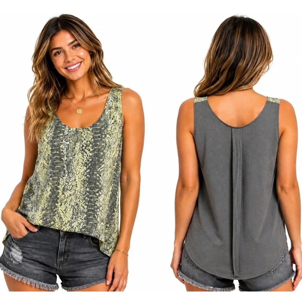 Banana Republic Snakeskin Mixed Media Tank Top XL Yellow Gray Pleated Back Hi Lo
